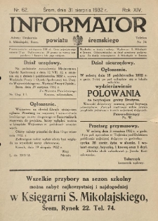 Informator Powiatu Śremskiego. 1932.08.31 R.14 Nr 62