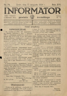 Informator Powiatu Śremskiego. 1934.11.17 R.16 Nr 74