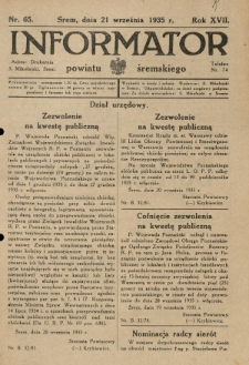 Informator Powiatu Śremskiego. 1935.09.21 R.17 Nr 65