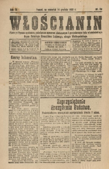 Włościanin : pismo polityczno-społeczne, poświęcone sprawom oświatowym i gospodarczym ludu włościańskiego. Organ Polskiego Stronnictwa Ludowego, okręgu Wielkopolskiego. 1922.12.14 R.4 Nr 80