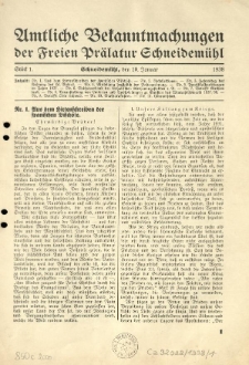 Amtliche Bekanntmachungen der Freien Pr&auml;latur Schneidem&uuml;hl. 1938.01.10 St&uuml;ck 1