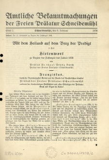 Amtliche Bekanntmachungen der Freien Pr&auml;latur Schneidem&uuml;hl. 1938.02.08 St&uuml;ck 2