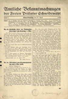 Amtliche Bekanntmachungen der Freien Pr&auml;latur Schneidem&uuml;hl. 1938.04.27 St&uuml;ck 5