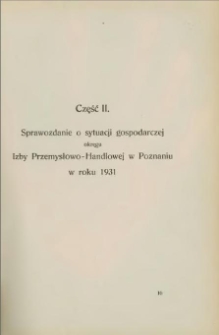 Sprawozdanie o sytuacji gospodarczej okręgu Izby Przemysłowo-Handlowej w Poznaniu w roku 1931