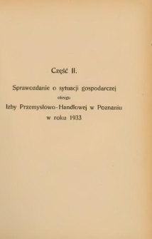 Sprawozdanie o sytuacji gospodarczej okręgu Izby Przemysłowo-Handlowej w Poznaniu w roku 1933