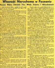 Własność Nieruchoma w Poznaniu. Roczne Walne Zebranie Tow. Właśc. Domów i Nieruchomości