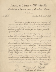 [List] Esctrain de la lettre de Mgr Felinski archev&egrave;que de Varsovie, intern&eacute; &agrave; Jaroslaw (Russie) (Traduction)