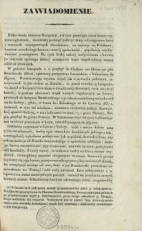 [Zawiadomienie [Inc.:] "Kilko-letnie istnienie Emigracyi, a w tym przeciągu czasu licznie czynione ogłoszenia ..."