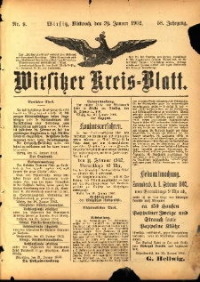 Wirsitzer Kreis-Blatt: herausgegeben vom K&ouml;niglichen Landraths-Amte 1902.01.29 Jg.58 Nr9