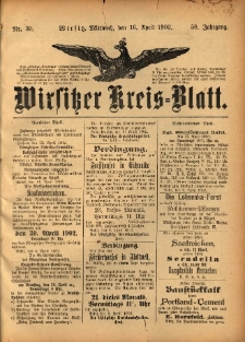 Wirsitzer Kreis-Blatt: herausgegeben vom Königlichen Landraths-Amte 1902.04.16 Jg.58 Nr30