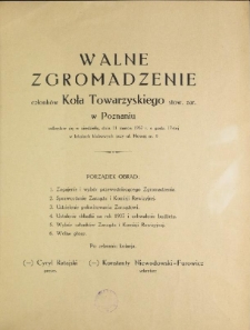 Walne zgromadzenie członk&oacute;w Koła Towarzyskiego stow. zar. w Poznaniu odbędzie się w niedzielę, dnia 21 marca 1937 r. o godz. 17-tej w lokalach klubowych przy ul. Nowej nr. 8