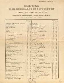 Cennik wod mineralnych sztucznych z Instytutu Patentowanego istniejącego [...]