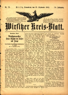 Wirsitzer Kreis-Blatt: herausgegeben vom Königlichen Landraths-Amte 1902.09.13 Jg.58 Nr73