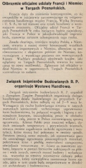 Olbrzymie oficjalne udziały Francji i Niemiec w Targach Poznańskich; Związek Inżynierów Budowlanych R.P. organizuje Wystawę Handlową