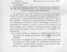 Postanowienie Ministra Przemysłu i Handlu w sprawie zezwolenia na urządzanie corocznego Targu Poznańskiego