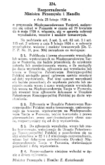 Rozporządzenie Ministra Przemysłu i Handlu z dnia 23 lutego 1928 r. o przyznaniu Międzynarodowemu Targowi, mającemu się odbyć w Poznaniu w czasie od 29 kwietnia do 6 maja 1928 r. włącznie, ulg w sprawie ochrony wynalazków, wzorów i znaków towarowych.