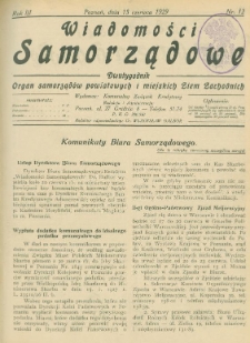 Wiadomości Samorządowe: dwutygodnik. Organ samorząd&oacute;w powiatowych i ziemskich Ziem Zachodnich R. 3 1929 numer 12 (15 czerwca 1929), strony 189-204