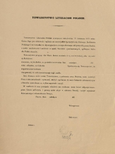 [Zawiadomienie. Inc.:] "Towarzystwo Literackie Polskie zawiązane zostało 29 kwietnia 1832 roku ..."