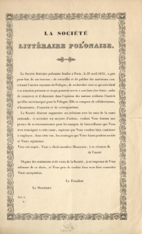 [Zawiadomienie Inc.:] "La Soci&eacute;t&eacute; Litt&eacute;raire Polonaise fond&eacute;e a Paris ..."