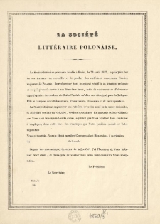 [Zawiadomienie Inc.:] "La Soci&eacute;t&eacute; Litt&eacute;raire Polonaise fond&eacute;e a Paris ..."