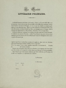 [Zawiadomienie Inc.:] "La Soci&eacute;t&eacute; Litt&eacute;raire Polonaise a &eacute;t&eacute; fond&eacute;e a Paris ..."