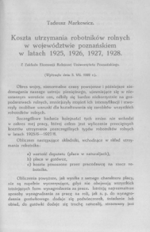 Koszta utrzymania robotników rolnych w województwie poznańskiem w latach 1925, 1926, 1927, 1928.
