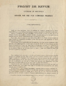 Projet de Revue Litt&eacute;raire et Scientifique dirig&eacute;e par des fils d'&eacute;migr&eacute;s polonais : programme