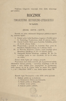 Rocznik Towarzystwa Historyczno-Literackiego w Paryżu. (Rok 1873-1877) : [prospekt]