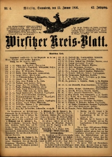 Wirsitzer Kreis-Blatt: herausgegeben vom K&ouml;niglichen Landraths-Amte 1906.01.13 Jg.62 Nr4
