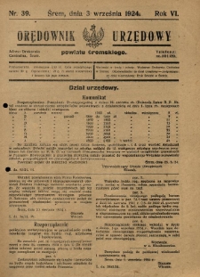 Orędownik Urzędowy Powiatu Śremskiego. 1924.09.03 R.6 Nr39