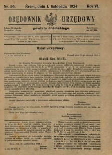 Orędownik Urzędowy Powiatu Śremskiego. 1924.11.01 R.6 Nr56