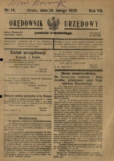 Orędownik Urzędowy Powiatu Śremskiego. 1925.02.21 R.7 Nr14