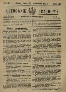 Orędownik Urzędowy Powiatu Śremskiego. 1925.04.22 R.7 Nr31