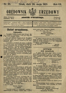 Orędownik Urzędowy Powiatu Śremskiego. 1925.05.20 R.7 Nr39