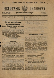 Orędownik Urzędowy Powiatu Śremskiego. 1926.01.27 R.8 Nr7