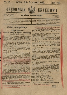 Orędownik Urzędowy Powiatu Śremskiego. 1926.03.06 R.8 Nr17