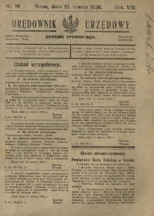 Orędownik Urzędowy Powiatu Śremskiego. 1926.03.13 R.8 Nr19
