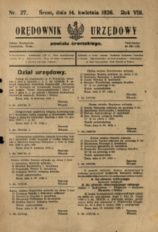 Orędownik Urzędowy Powiatu Śremskiego. 1926.04.14 R.8 Nr27