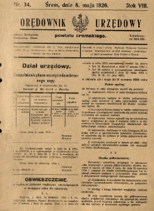 Orędownik Urzędowy Powiatu Śremskiego. 1926.05.08 R.8 Nr34