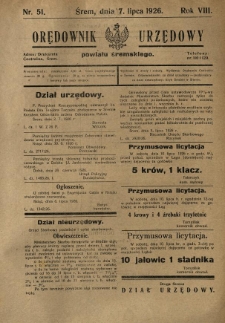 Orędownik Urzędowy Powiatu Śremskiego. 1926.07.07 R.8 Nr51
