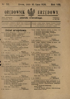 Orędownik Urzędowy Powiatu Śremskiego. 1926.07.10 R.8 Nr52