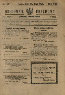 Orędownik Urzędowy Powiatu Śremskiego. 1926.07.14 R.8 Nr53