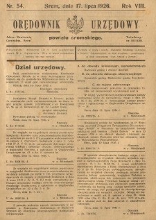Orędownik Urzędowy Powiatu Śremskiego. 1926.07.17 R.8 Nr54