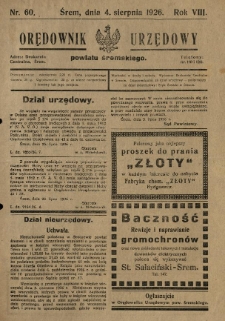 Orędownik Urzędowy Powiatu Śremskiego. 1926.08.04 R.8 Nr60