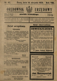 Orędownik Urzędowy Powiatu Śremskiego. 1926.08.14 R.8 Nr63