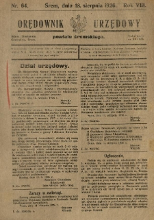 Orędownik Urzędowy Powiatu Śremskiego. 1926.08.18 R.8 Nr64