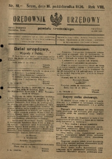 Orędownik Urzędowy Powiatu Śremskiego. 1926.10.16 R.8 Nr81