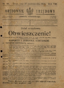 Orędownik Urzędowy Powiatu Śremskiego. 1926.10.27 R.8 Nr84