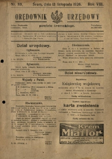 Orędownik Urzędowy Powiatu Śremskiego. 1926.11.13 R.8 Nr89
