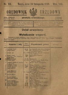 Orędownik Urzędowy Powiatu Śremskiego. 1926.11.24 R.8 Nr92